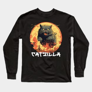 Catzilla Japanese Sunset Funny Cat Parody Vintage Catzilla Long Sleeve T-Shirt